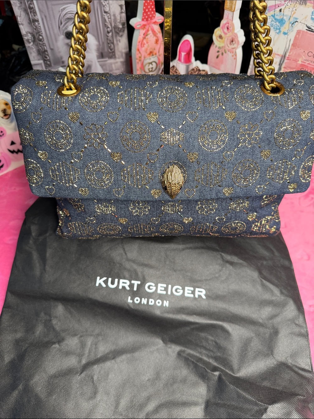 Kurt Geiger Rare XXL Battersea Denim Sparkle Bag - Dark Gold Chain NWT - Picture 17 of 17